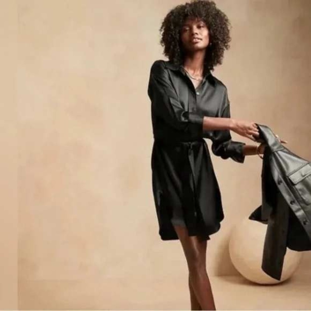 NWT $229 Banana Republic Tall L Black Button Long Sleeve Shirt Dress Womenswear